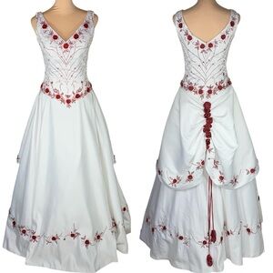 Amy Lee Wedding Dress Prom Gown 4 White Satin Red Rose Embroidery Bustle Back